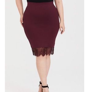 Torrid Burgundy lace trim ponte pencil skirt